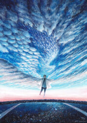 Rule 34 | 1other, androgynous, awoino, black hair, blue pants, blue shirt, blue sky, city lights, cloud, cloud focus, day, floating, gradient sky, halo, highres, jacket, long sleeves, looking at viewer, original, outdoors, outstretched arms, painting (medium), pants, scenery, shirt, short hair, sky, spread arms, traditional media, twilight, twitter username, watercolor (medium), white jacket, wide sleeves