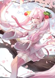 Rule 34 | 1girl, cherry blossoms, cherry hair ornament, collared shirt, commentary request, detached sleeves, facing viewer, falling petals, feet out of frame, food-themed hair ornament, hair ornament, hatsune miku, headset, highres, in tree, long hair, looking afar, murumuru (pixiv51689952), music, necktie, open mouth, petals, pink eyes, pink hair, pink necktie, pink skirt, pink thighhighs, pleated skirt, sakura miku, sakura no ame (vocaloid), shirt, singing, sitting, sitting in tree, skirt, sleeveless, sleeveless shirt, smile, solo, teeth, thighhighs, tie clip, tongue, tree, twintails, very long hair, vocaloid, white shirt