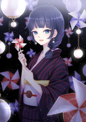 Rule 34 | 1girl, absurdres, black kimono, blue eyes, blue hair, commentary request, earrings, highres, holding pinwheel, japanese clothes, jewelry, kimono, looking at viewer, original, parted lips, pink lips, pinwheel, pinwheel earrings, red stripes, sash, side ponytail, sky, solo, star (sky), starry sky, striped clothes, striped kimono, upper body, white sash, yato maru