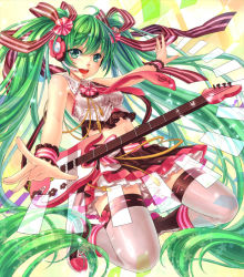 Rule 34 | 1girl, ahoge, bass guitar, belt, green eyes, green hair, guitar, hair ribbon, hatsune miku, headset, highres, instrument, kneeling, long hair, looking at viewer, maple, maple (maplehy), matching hair/eyes, midriff, necktie, outstretched arms, revision, ribbon, skirt, solo, spread arms, thighhighs, twintails, very long hair, vocaloid