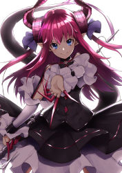 Rule 34 | 10s, 1girl, absurdres, blue eyes, claws, detached sleeves, dragon girl, dress, elizabeth bathory (fate), elizabeth bathory (fate/extra ccc), elizabeth bathory (first ascension) (fate), fate/extra, fate/extra ccc, fate/grand order, fate (series), hachiroku (hatirokusann86), highres, horns, long hair, pink hair, pointy ears, smile, solo, tail, two side up