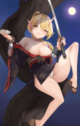 Rule 34 | 1girl, absurdres, bandaged arm, bandages, bare legs, bare shoulders, beads, black kimono, blonde hair, blush, bracelet, breasts, collarbone, cup, demon girl, ear piercing, earrings, fingernails, fundoshi, geta, hair between eyes, half-closed eyes, hands up, high ponytail, highres, holding, holding cup, holding sword, holding weapon, hoop earrings, horns, japanese clothes, jewelry, katana, kimono, knee up, large breasts, light smile, long hair, mac (pixiv31869137), mole, mole on breast, mole on thigh, mole under eye, moon, nail polish, night, obi, oni, oni horns, open clothes, open kimono, original, outdoors, parted lips, piercing, pointy ears, red nails, sash, sharp fingernails, short kimono, single horn, sitting, slit pupils, solo, sword, toenails, tree, weapon, wide sleeves, yellow eyes