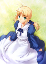 Rule 34 | 1girl, absurdres, ahoge, alternate costume, artoria pendragon (all), artoria pendragon (fate), blonde hair, dress, fate/stay night, fate (series), female focus, gradient background, grass, green eyes, highres, higurashi ryuuji, light smile, long sleeves, plant, ponytail, saber (fate), solo, type-moon