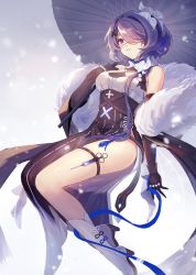 Rule 34 | 1girl, arknights, bare shoulders, black dress, black gloves, black sleeves, boots, breasts, detached sleeves, dress, eyepatch, gloves, hair ornament, hair over one eye, hand on own chest, highres, long sleeves, medical eyepatch, medium breasts, parted lips, puffy long sleeves, puffy sleeves, purple eyes, purple hair, sharlorc, short hair, solo, syringe, whisperain (arknights), white footwear, white headwear, x hair ornament