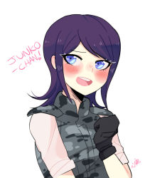 Rule 34 | 1girl, alternate costume, black gloves, blue eyes, blush, camouflage, camouflage jacket, camouflage, danganronpa: trigger happy havoc, danganronpa (series), danganronpa 3 (anime), english text, eyebrows, eyebrows hidden by hair, freckles, gloves, hand on own chest, heart symbol, ikusaba mukuro, incest, jacket, long eyelashes, looking to the side, official alternate costume, open mouth, purple hair, shirt, siblings, sleeves rolled up, teeth, tongue, twincest, twins, undershirt, upper teeth only, urban camouflage, white background, white shirt, yuri