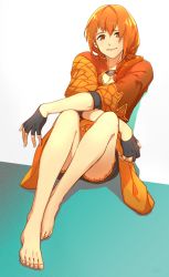 Rule 34 | 1girl, barefoot, black gloves, closed mouth, feet, female focus, fingerless gloves, fire emblem, fire emblem: three houses, full body, gloves, highres, leonie pinelli, long hair, looking at viewer, matching hair/eyes, nintendo, orange eyes, orange hair, shiroi (shiroicbe), side ponytail, simple background, sitting, smile, solo, toes
