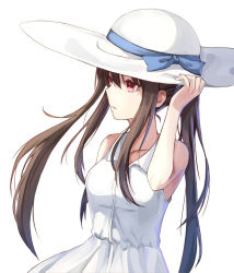 Rule 34 | 1girl, bad id, bad pixiv id, blacktheif, blue bow, blue ribbon, bow, brown hair, collarbone, dress, floating hair, hair between eyes, hat, hat bow, hat ribbon, long hair, mole, mole under eye, original, parted lips, red eyes, ribbon, simple background, sleeveless, sleeveless dress, solo, sun hat, sundress, white background, white dress, white hat