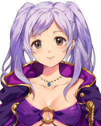 Rule 34 | 1girl, bikini, braid, brown eyes, closed mouth, coat, collarbone, fire emblem, fire emblem awakening, fire emblem heroes, french braid, jewelry, jurge, long hair, looking at viewer, necklace, nintendo, o-ring, o-ring bikini, o-ring top, open clothes, open coat, purple bikini, purple coat, robin (female) (fire emblem), robin (fire emblem), simple background, smile, solo, strapless, strapless bikini, swimsuit, twintails, upper body, white background, white hair
