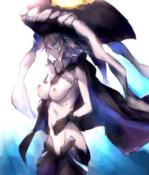 Rule 34 | 10s, 1girl, abyssal ship, black gloves, breasts, cape, cowboy shot, gloves, glowing, glowing eyes, hat, headgear, kantai collection, long hair, medium breasts, monster, naked cape, navel, nipples, nude, pale skin, pussy, redcomet, revision, silver hair, solo, teeth, tentacles, wo-class aircraft carrier