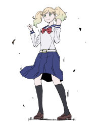 Rule 34 | 1girl, aqua hair, belt, black socks, blonde hair, blouse, blue sailor collar, blue skirt, bow, bowtie, brown footwear, clenched hands, closed mouth, commentary, debris, fighting stance, full body, gradient hair, green eyes, hands up, highres, kageki shoujo!!, kneehighs, loafers, long skirt, long sleeves, multicolored hair, onsen tamago (hs egg), pleated skirt, red bow, red bowtie, rubble, sailor collar, school uniform, serafuku, shirt, shoes, simple background, sketch, skirt, smile, socks, solo, twintails, v-shaped eyebrows, watanabe sarasa, white background, white belt, white shirt