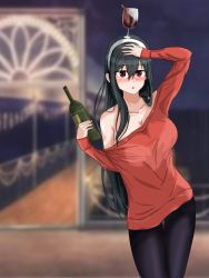 Rule 34 | 1girl, absurdres, alcohol, artist request, black hair, blush, drink, highres, long hair, red eyes, red sweater, solo, spy x family, sweater, wine, yor briar