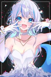 Rule 34 | 1girl, bare shoulders, blue eyes, blue hair, blush, breasts, choker, dress, elbow gloves, fins, fish tail, gawr gura, gloves, grey hair, highres, hololive, hololive english, jewelry, long hair, looking at viewer, multicolored hair, necklace, open mouth, shark girl, shark tail, sharp teeth, small breasts, solo, strapless, strapless dress, streaked hair, tail, tears, teeth, the0neulost, upper body, virtual youtuber, white choker, white dress, white gloves