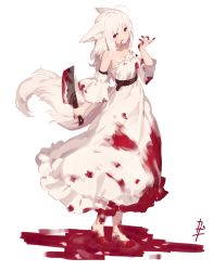 Rule 34 | 1girl, ahoge, animal ear fluff, animal ears, bare shoulders, blood, blood on clothes, blood on face, breasts, detached sleeves, dress, eyebrows hidden by hair, fox ears, fox girl, fox tail, full body, hair between eyes, hand up, highres, holding, kazana (sakuto), kitchen knife, licking lips, long hair, looking at viewer, original, pool of blood, red eyes, short sleeves, signature, simple background, small breasts, solo, standing, strapless, strapless dress, tail, tongue, tongue out, white background, white dress, white hair, white sleeves, wide sleeves