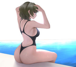 Rule 34 | 1girl, aqua eyes, arms up, ass, black one-piece swimsuit, breasts, closed mouth, commentary request, competition swimsuit, from behind, grey hair, hand in own hair, highres, idolmaster, idolmaster cinderella girls, large breasts, looking at viewer, looking back, medium hair, one-piece swimsuit, profile, senju (snz0), sitting, solo, swimsuit, takagaki kaede, thighs, water, wet