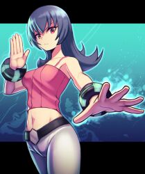 1girl absurdres black_hair bracelet breasts creatures_(company) game_freak highres jewelry long_hair looking_at_viewer midriff navel nintendo official_alternate_costume official_alternate_hairstyle pokemon pokemon_hgss red_eyes sabrina_(pokemon) silverchariotx solo tank_top