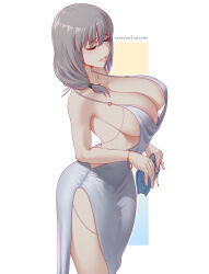 1girl absurdres bare_shoulders blush breasts cleavage closed_eyes collarbone dress grey_dress grey_hair highres large_breasts long_hair mature_female melowh parted_lips smile solo thighs uzaki-chan_wa_asobitai! uzaki_tsuki