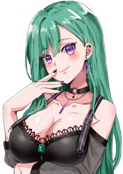 Rule 34 | 1girl, absurdres, bare shoulders, black collar, black nails, black shirt, breasts, bustier, choker, cleavage, collar, collarbone, ear piercing, earrings, finger to mouth, green hair, hair behind ear, highres, jewelry, keikesu, large breasts, long hair, long sleeves, looking at viewer, mole, mole on breast, necklace, piercing, purple eyes, shirt, simple background, smile, solo, swept bangs, upper body, very long hair, virtual youtuber, vspo!, white background, yakumo beni, yakumo beni (1st costume)