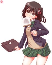 Rule 34 | 1girl, alternate costume, bag, black eyes, black hair, blazer, bow, bowtie, bread, commentary request, dated, eating, food, hair ornament, highres, holding, jacket, kanon (kurogane knights), kantai collection, long hair, looking at viewer, mouth hold, plaid, plaid skirt, pleated skirt, school bag, school uniform, sendai (kancolle), sketch, skirt, solo, two side up