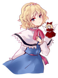 Rule 34 | 1girl, alice margatroid, blonde hair, blue dress, blue eyes, bow, capelet, dress, fairy wings, hair bow, hairband, long sleeves, looking at viewer, red dress, sash, shanghai doll, simple background, solo, touhou, uranaishi (miraura), wings
