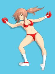 Rule 34 | 1girl, beaten, bikini, boxing, boxing gloves, breasts, brown hair, cleavage, defeat, closed eyes, full body, long hair, lying, navel, on back, open mouth, original, ponytail, shamanwer, solo, swimsuit, thong, unconscious, underwear, white background