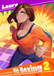 Rule 34 | 1girl, absurdres, bad id, bad pixiv id, black pants, black sports bra, blush, braid, braided ponytail, breasts, brown hair, character name, cleavage, clenched hands, collarbone, commentary request, copyright name, cowboy shot, crop top, dark-skinned female, dark skin, fitness boxing, green eyes, groin, highres, large breasts, laura (fitness boxing), long hair, long sleeves, looking at viewer, midriff, motion blur, navel, orange shirt, pants, parted bangs, parted lips, punching, shirt, solo, sports bra, standing, sweat, takagi mitsukuni, water drop