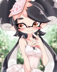 Rule 34 | + +, 1girl, black bra, black hair, blurry, blurry background, blush, bra, bra strap, brown eyes, callie (splatoon), closed mouth, commentary, depth of field, dress, earrings, food, food on head, highres, inkling, jewelry, long hair, looking at viewer, mask, mole, mole under eye, navel, nintendo, object on head, pointing, pointing at self, pointy ears, see-through, smile, solo, spaghetti strap, sukeo (nunswa08), sushi, tentacle hair, underwear, upper body, very long hair, white dress