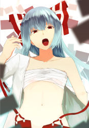 Rule 34 | 1girl, absurdres, bad id, bad pixiv id, bandages, bare shoulders, bow, chest sarashi, cigarette, collarbone, fujiwara no mokou, hair bow, highres, houmatu awa, long hair, looking at viewer, navel, off shoulder, open clothes, open mouth, open shirt, red eyes, sarashi, shirt, silver hair, solo, suspenders, tongue, tongue out, touhou, upper body, very long hair