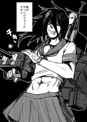 Rule 34 | 10s, 1boy, abs, alucard (hellsing), cosplay, crossdressing, fang, fubuki (kancolle), fubuki (kancolle) (cosplay), gloves, greyscale, hellsing, kantai collection, male focus, monochrome, solo, text focus, toritora, translation request