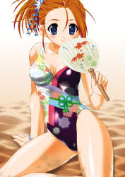 Rule 34 | 1girl, arm support, blue eyes, blush, bracelet, breasts, brown hair, casual one-piece swimsuit, cleavage, dirty, hand fan, hair up, jewelry, long hair, medium breasts, nal, nal (studio ng), one-piece swimsuit, original, paper fan, sand, sitting, smile, solo, studio ng, swimsuit, uchiwa, yokozuwari