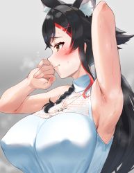 Rule 34 | 1girl, animal ear fluff, animal ears, arm behind head, armpit crease, armpits, bare shoulders, black hair, blush, breasts, closed mouth, covered erect nipples, flipped hair, frikulu, hair ornament, hairclip, highres, hololive, large breasts, long hair, multicolored hair, ookami mio, ookami mio (street), red hair, shirt, sidelocks, sleeveless, sleeveless shirt, solo, streaked hair, sweat, very long hair, virtual youtuber, white shirt, wolf ears, wolf girl, x hair ornament, yellow eyes