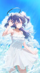 Rule 34 | 1girl, alternate costume, bare arms, bare shoulders, blue archive, blue sky, blush, closed eyes, cloud, commentary, dress, frilled dress, frills, grin, halo, highres, long hair, mechanical halo, ocean, outdoors, ponzueaka, sky, sleeveless, sleeveless dress, smile, solo, standing, sundress, sunlight, two side up, v-shaped eyebrows, wading, white dress, yuuka (blue archive)