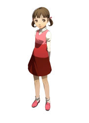 Rule 34 | arms behind back, atlus, brown eyes, brown hair, child, doujima nanako, dress, highres, official art, persona, persona 4, short twintails, soejima shigenori, solo, turtleneck, twintails