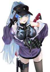 absurdres baseball_cap black_hat black_thighhighs blue_hair cow flashbang girls&#039;_frontline girls&#039;_frontline_2:_exilium gloves green_eyes hand_on_own_hip hat highres hk416_(girls&#039;_frontline) index_finger_raised jacket long_hair mo_awanai off_shoulder partially_unzipped thighhighs white_background