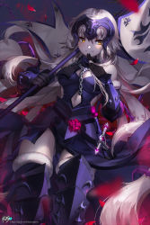 Rule 34 | 1girl, ahoge, armor, armored dress, black gloves, blurry, breasts, chain, depth of field, fate/grand order, fate (series), flag, flower, fur trim, gauntlets, gloves, headpiece, highres, jeanne d&#039;arc (fate), jeanne d&#039;arc alter (avenger) (fate), jeanne d&#039;arc alter (avenger) (third ascension) (fate), jeanne d&#039;arc alter (fate), kyjsogom, long hair, looking away, medium breasts, petals, rose, rose petals, signature, silver hair, smile, solo, sword, watermark, weapon, web address, yellow eyes