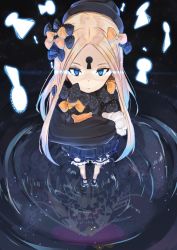 Rule 34 | 1girl, abigail williams (fate), black bow, black dress, black headwear, blonde hair, bloomers, blue eyes, bow, closed mouth, dress, fate/grand order, fate (series), forehead, glowing, glowing eyes, hair bow, highres, holding, holding stuffed toy, keyhole, long hair, long sleeves, looking at viewer, hugging object, orange bow, parted bangs, perspective, polka dot, polka dot bow, reflection, ripples, solo, stuffed animal, stuffed toy, tapioka (oekakitapioka), teddy bear, underwear, water, white bloomers