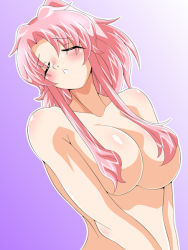 Rule 34 | 1girl, blush, breasts, closed eyes, convenient censoring, gradient background, hair censor, hair over breasts, inabakun00, large breasts, long hair, nude, original, parted lips, pink hair, ponytail, rio (inaba), solo, upper body