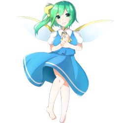 Rule 34 | 1girl, ascot, barefoot, blouse, bow, daiyousei, dress, fairy wings, full body, green eyes, green hair, knees together feet apart, looking at viewer, own hands together, puffy short sleeves, puffy sleeves, shirt, short sleeves, skirt, skirt set, smile, solo, touhou, user tvdy5433, white background, white legwear, white shirt, wings