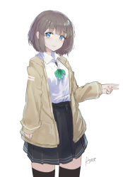 Rule 34 | 1girl, ano54, black skirt, black thighhighs, blue eyes, blush, brown cardigan, brown hair, cardigan, closed mouth, collared shirt, cowboy shot, dress shirt, green neckwear, highres, light smile, long sleeves, looking at viewer, open cardigan, open clothes, original, pleated skirt, shirt, short hair, signature, simple background, skirt, sleeves past wrists, solo, thighhighs, v, white background, white shirt
