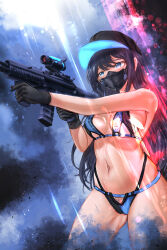 Rule 34 | 1girl, absurdres, bare arms, bare shoulders, baseball cap, belt, bikini, black belt, black gloves, black hair, black hat, black pants, blue archive, blue eyes, breasts, colycycle, commentary, cowboy shot, female pubic hair, gloves, gun, hat, highres, holding, holding gun, holding weapon, large breasts, long hair, mask, mouth mask, navel, pants, pubic hair, rifle, saori (blue archive), solo, standing, stomach, swimsuit, thighs, very long hair, weapon