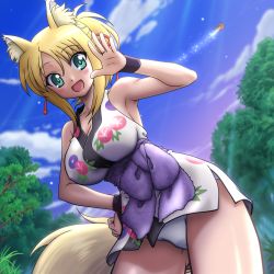 Rule 34 | 10s, 1girl, animal ears, armpits, blonde hair, blush, breasts, cleavage, collarbone, dog days, fox ears, fox tail, green eyes, hair ornament, hair ribbon, highres, japanese clothes, jewelry, kimono, large breasts, long hair, looking at viewer, nature, ninja, obi, open mouth, panties, pantyshot, ponytail, ribbon, sash, short kimono, sleeveless, sleeveless kimono, smile, solo, tail, underwear, waving, yukikaze panettone