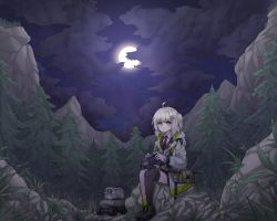 Rule 34 | 1girl, :o, ahoge, arknights, asymmetrical legwear, buttons, camera, cloud, cloudy sky, coat, collared shirt, full body, glowing, green eyes, grey hair, highres, holding, holding camera, jokebag, lens (arknights), looking up, moon, mountain, necktie, night, outdoors, parted lips, pouch, red necktie, scene (arknights), shirt, shoes, side ponytail, single sock, single thighhigh, sitting, sky, socks, solo, thighhighs, white shirt