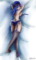 Rule 34 | 1girl, absurdres, arms up, artist name, ass, barefoot, blue eyes, blue hair, blush, breast press, breasts, dakimakura (medium), dakimakura design, fairy tail, fishnets, flatpancakesjim, from above, full body, garter straps, heart, highres, huge ass, juvia lockser, large breasts, leather, leather straps, long hair, looking at viewer, looking back, loose clothes, lying, medium breasts, nail polish, no shoes, on stomach, solo, thighhighs, topless