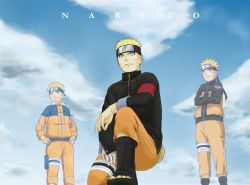 Rule 34 | 1boy, age progression, bandages, blonde hair, blue eyes, character name, crossed arms, forehead protector, grin, hands on own hips, jacket, jumpsuit, kneeling, male focus, multiple persona, naruto: the last, naruto (series), on one knee, one eye closed, sandals, serious, short hair, smile, tooofu, uzumaki naruto, wink