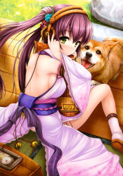 Rule 34 | 1girl, back, backless outfit, bare back, bare shoulders, breasts, dog, green eyes, hair ornament, headphones, highres, ichiru nozomu, instrument, japanese clothes, long hair, looking back, medium breasts, non-web source, original, pink socks, purple hair, sideboob, socks, solo, twintails, uni8