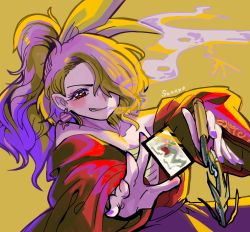 Rule 34 | 1girl, bare shoulders, card, commentary request, earrings, highres, holding, holding card, howhow notei, jewelry, komakusa sannyo, looking at viewer, one eye covered, purple hair, red eyes, red robe, robe, sarashi, simple background, smoke, smoking pipe, solo, tobacco, touhou
