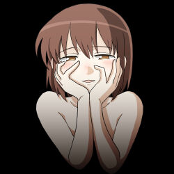 Rule 34 | 1girl, absurdres, anime coloring, black background, brown eyes, brown hair, collarbone, commentary, ennui orz, half-closed eyes, hands on own cheeks, hands on own face, highres, medium hair, open mouth, original, smile, solo