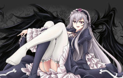 Rule 34 | 1girl, breasts, dress, feet, garter straps, hairband, highres, legs, long hair, red eyes, rozen maiden, silver hair, sitting, solo, suigintou, thighhighs, wings