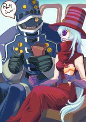 Rule 34 | 1boy, 1girl, archnemon, belt, digimon, glasses, hat, highres, looking at another, mummymon, sharp teeth, teeth