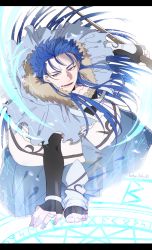 Rule 34 | 1boy, barefoot, blue hair, capelet, cu chulainn (caster) (fate), cu chulainn (fate), earrings, elbow gloves, fang, fate/grand order, fate (series), fingerless gloves, fur-trimmed hood, fur trim, gloves, hood, hooded capelet, jewelry, letterboxed, long hair, magic circle, male focus, namahamu (hmhm 81), neon trim, red eyes, solo, wooden staff