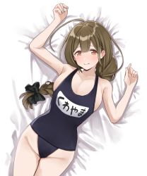 Rule 34 | 1girl, absurdres, ahoge, bed, black bow, black one-piece swimsuit, blush, bow, braid, breasts, brown eyes, brown hair, cowboy shot, hair bow, highleg, highleg swimsuit, highres, idolmaster, idolmaster shiny colors, kuwayama chiyuki, large breasts, long hair, looking at viewer, lying, name tag, on back, one-piece swimsuit, school swimsuit, seishirou, smile, solo, swimsuit, yellow eyes